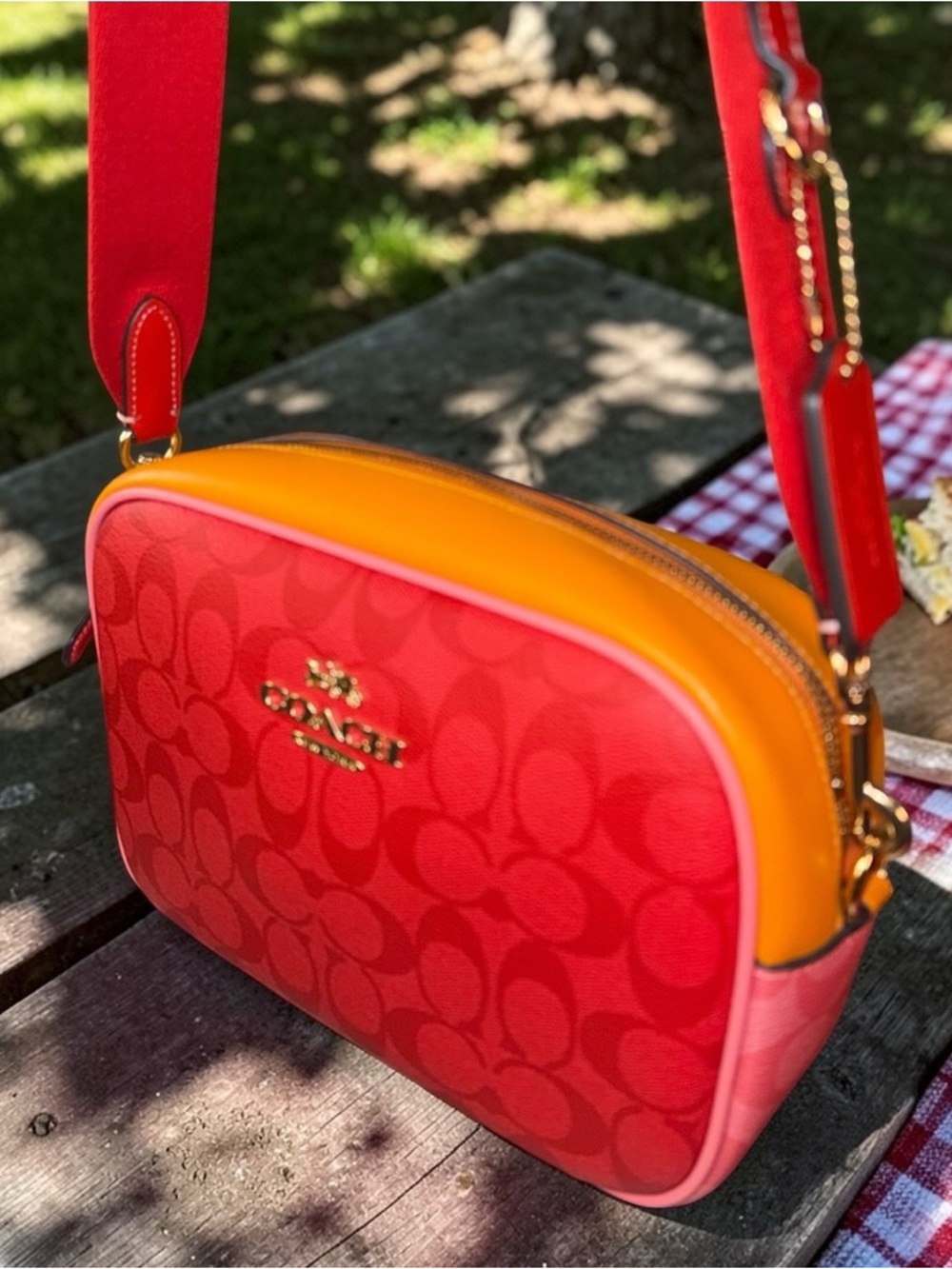 Coach Jamie Colorblock Signature Camera Crossbody Red Pink Orange Gold Hardware - Picture 5 of 12